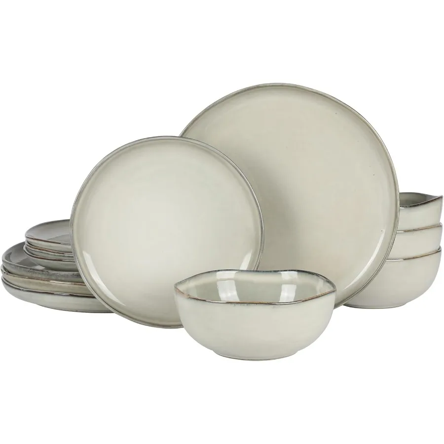 

Nardini 12 Piece Service for 4 Plates and Bowls Reactive Glaze Dishes Stoneware Ceramic Dinnerware Set Moon White