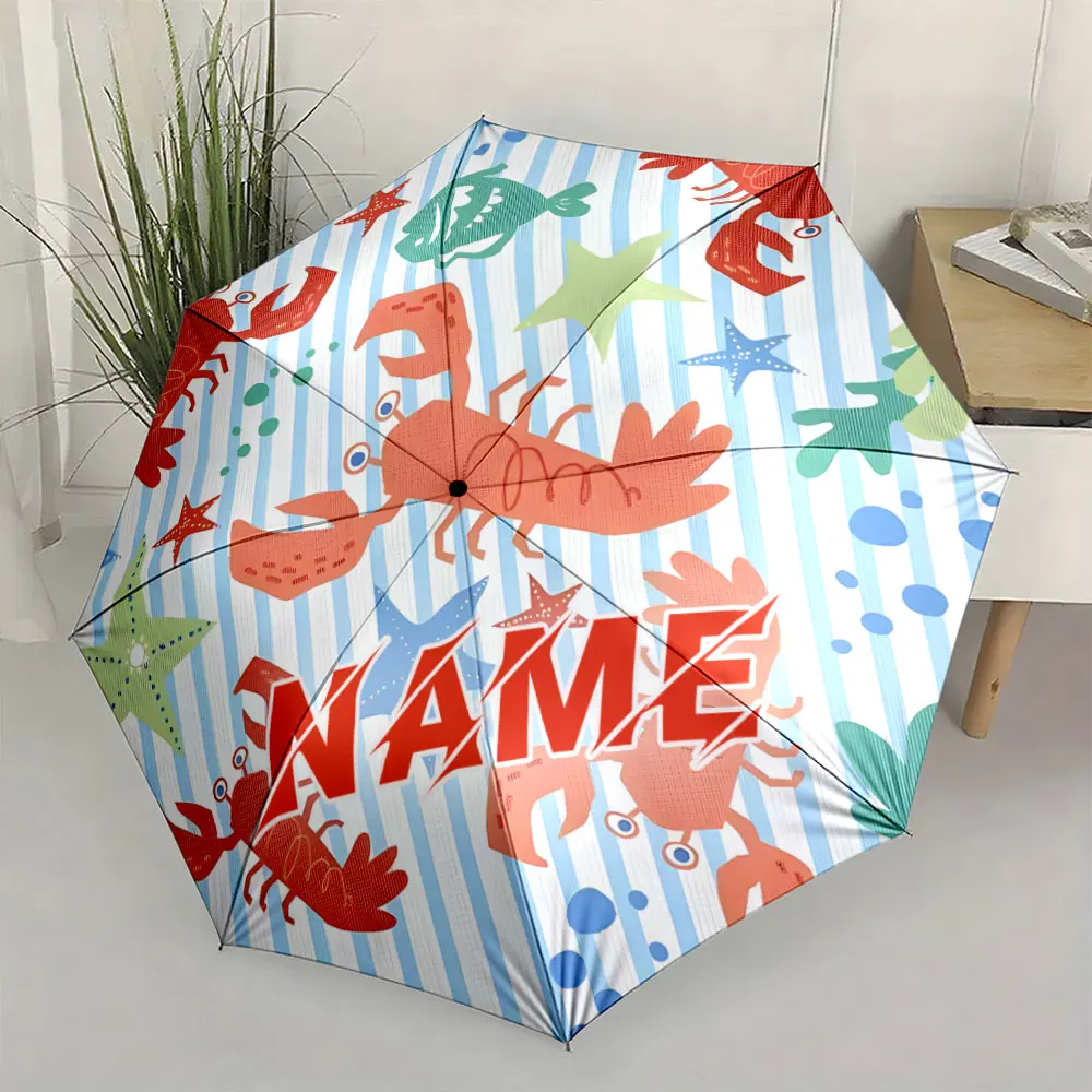 Custom Name Umbrella, Cute Cartoon Sea Creatures Pattern Umbrella with Lobster Theme Folding Umbrella for Sunny and Rainy,Gift
