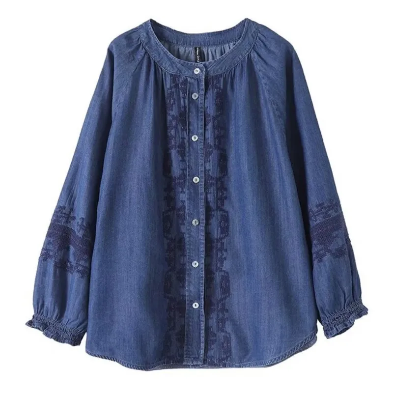 

Женская летняя джинсовая рубашка во французском стиле ретро с жаккардовой вышивкой, стильные лоскутные рукава-фонарики, легкие повседневные топы