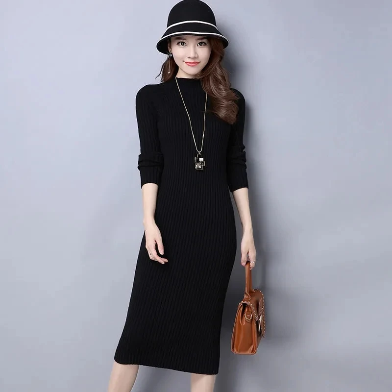 Slim Long Sleeve Knitted One-piece Dress Sexy Women Autumn Winter Korean Sweater Dresses Midi Bottoming Bodycon Vestidos New