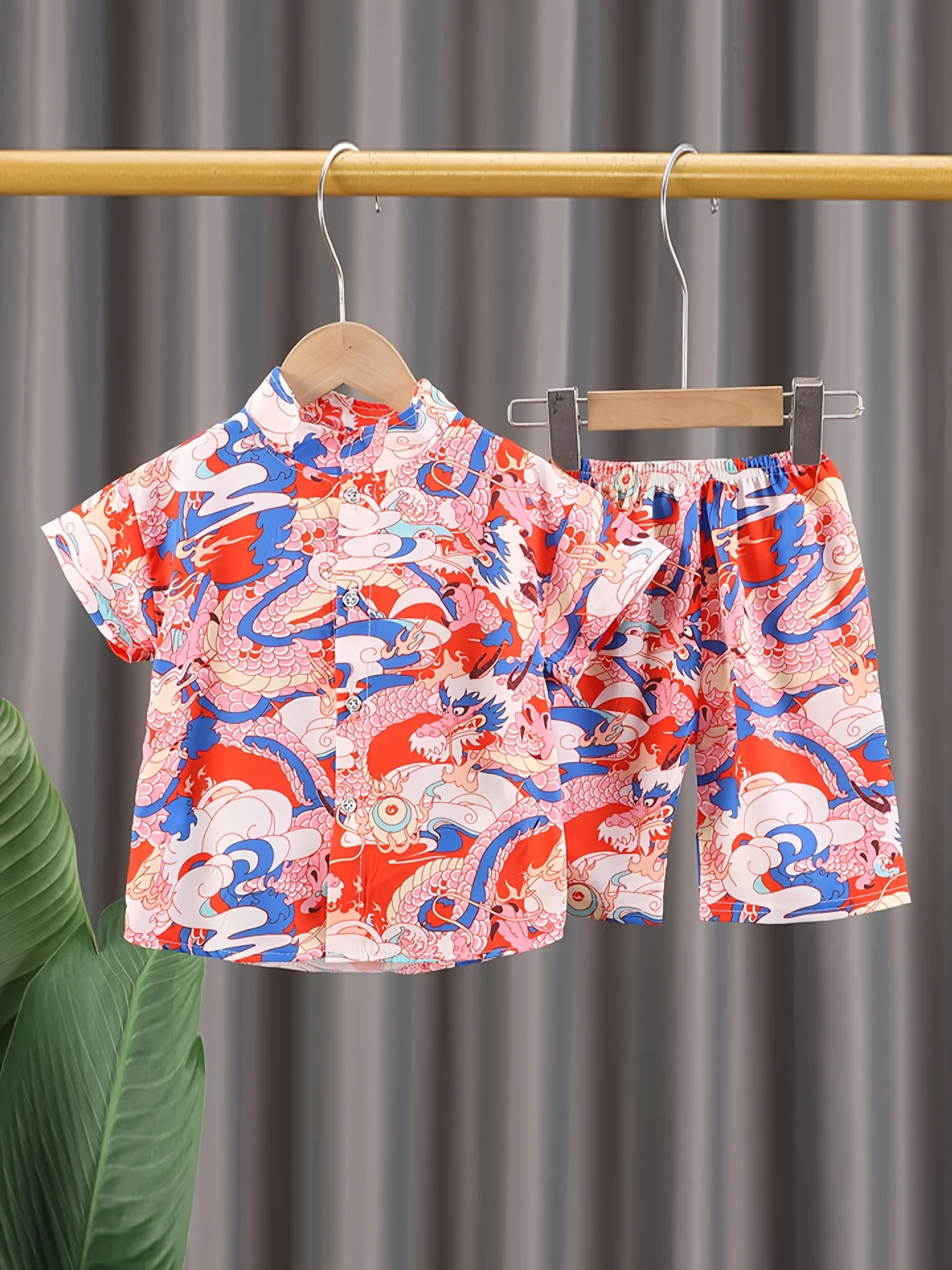 2pcs Baby Boy's Summer Set Short Sleeve Lapel Collar Shirt With Chinese-style Print And Shorts For Summer