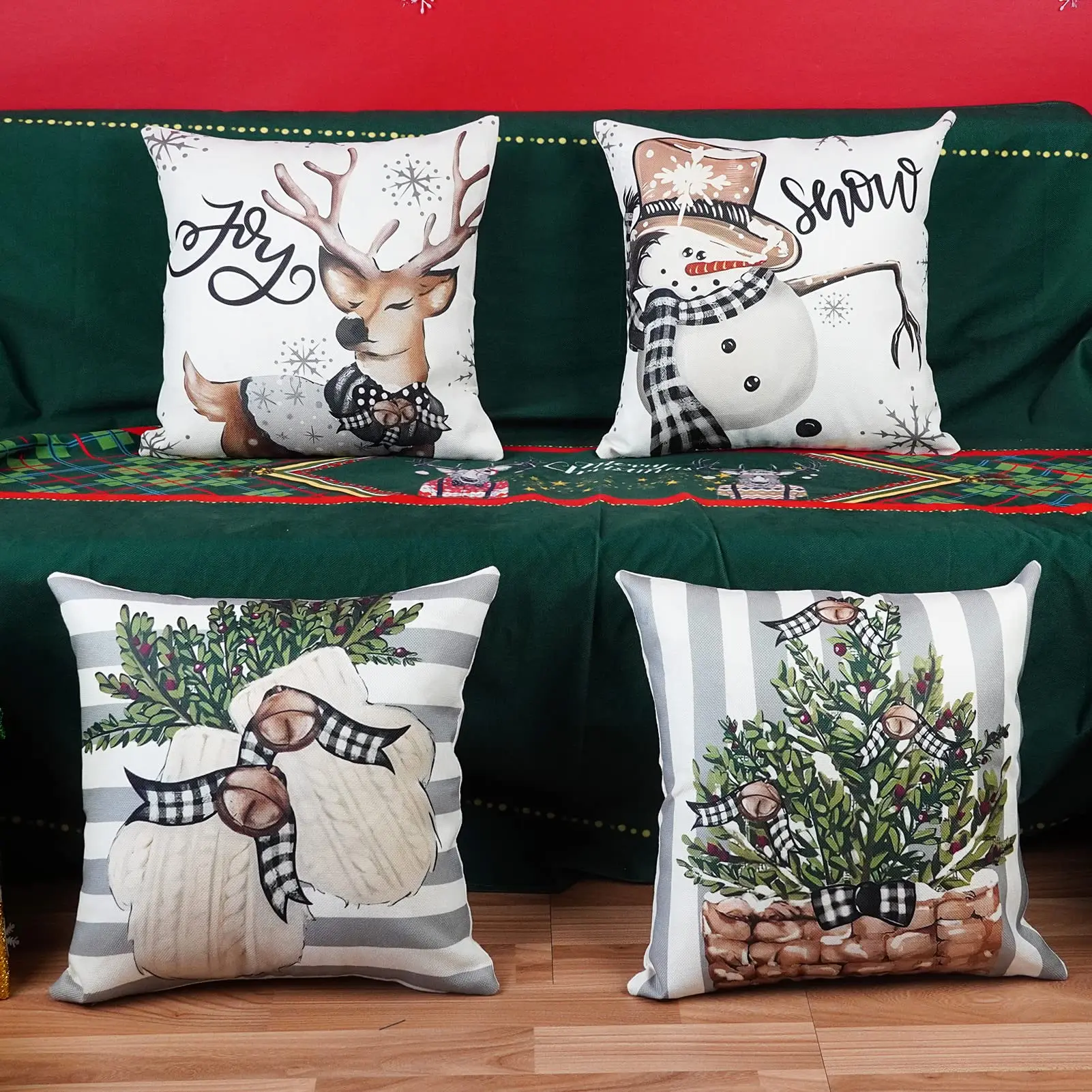 Christmas Stripes Pillow Covers,Set of 4,Snowman,Reindeer Gloves,Throw Pillows,Winter Holiday Decor, Cushion Case for Sofa Couch