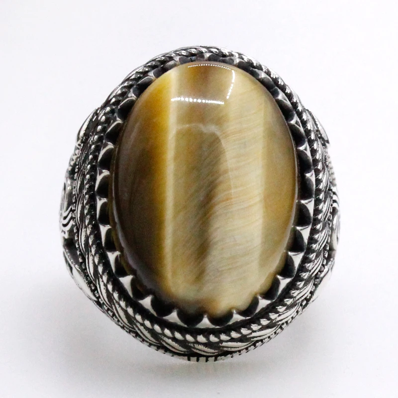 خاتم فضة 925 أصلي من الذهب الطبيعي على شكل عين النمر هدية كلاسيكية للرجال تصميم تركي أنيق ذو طبقات مجوفة