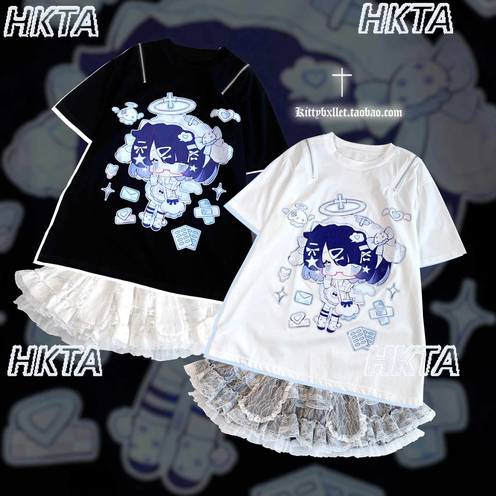 

Subculture Sweet Cute Cartoon Pattern Graphic T-Shirt Zipper Off Shoulder Summer Loose Casual Short Sleeve Black T-Shirts Tops