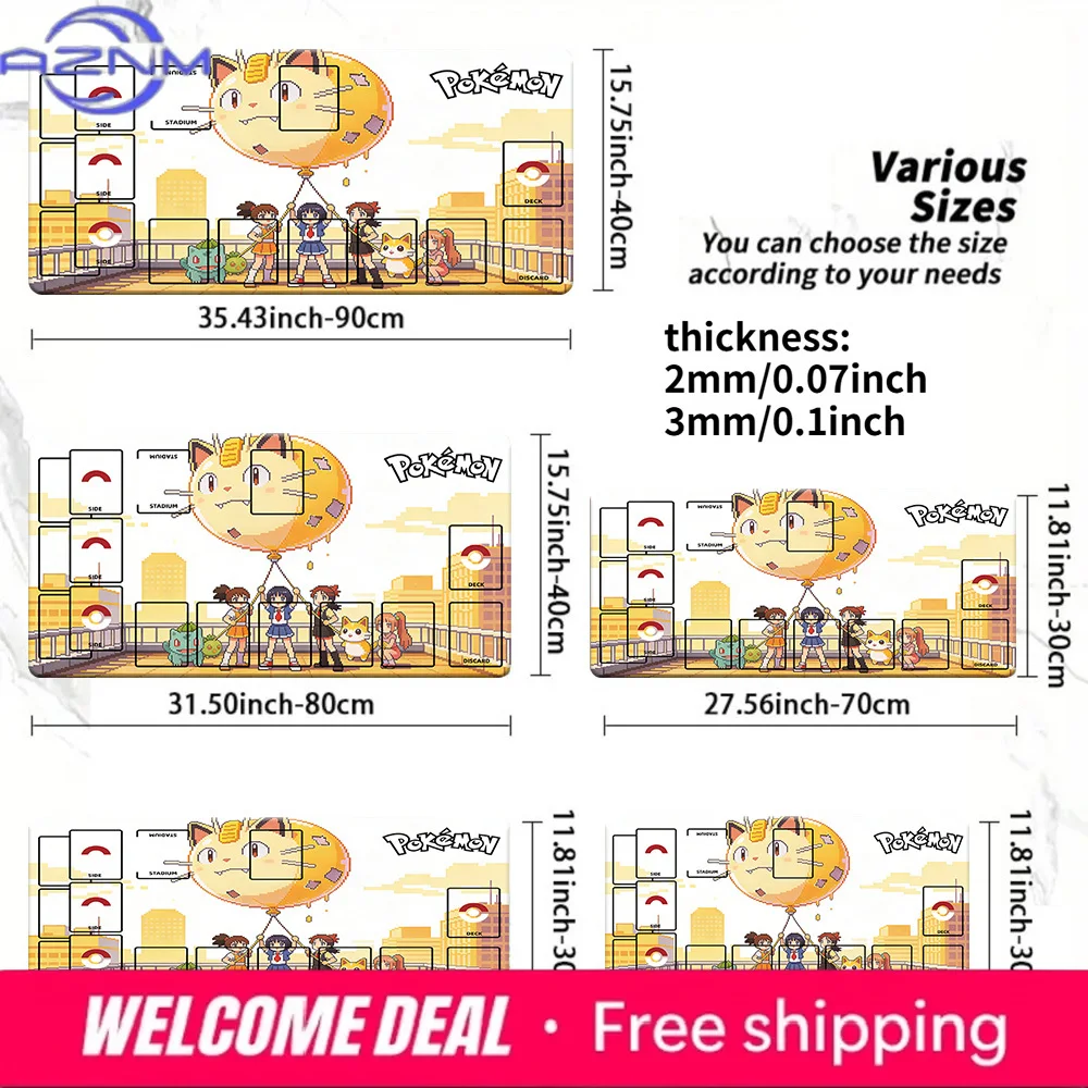 Pokemon Meowth Balloon Pixel Art City TCG Playmat, Anime Trading Card Game Mat with Zones, 2mm/3mm Thick Non-Slip Mouse Pad for