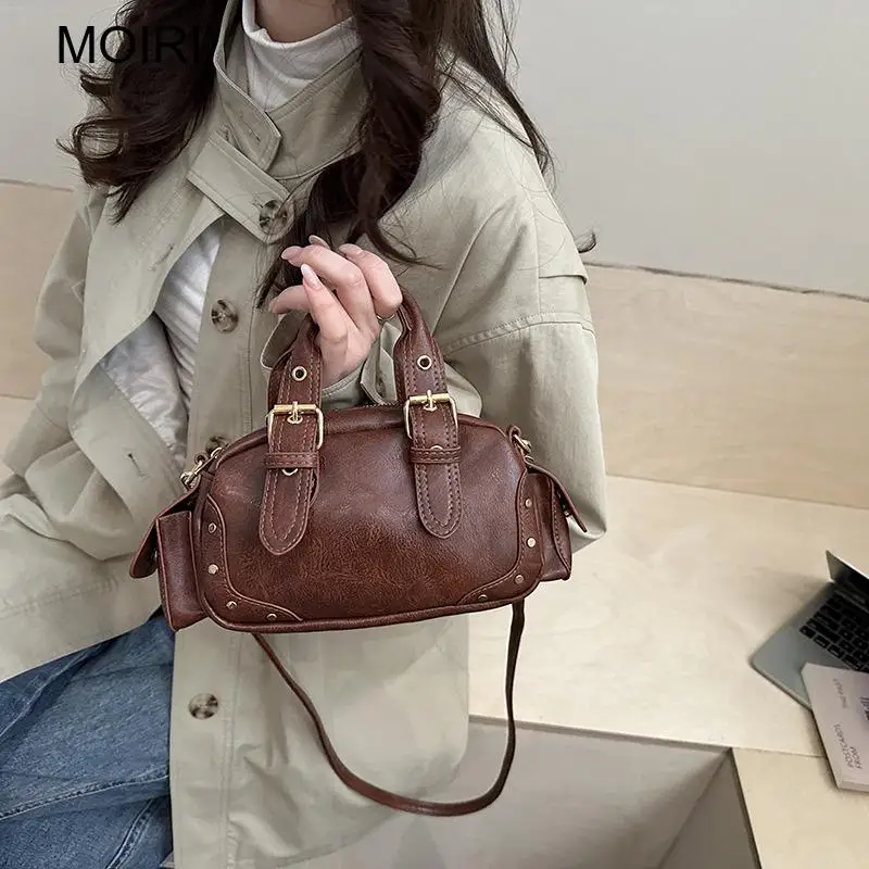 Women Brown Retro Motorcycle Handbag Top Handle Purse Crossbody Bag Large Capacity for Daily Office Travel