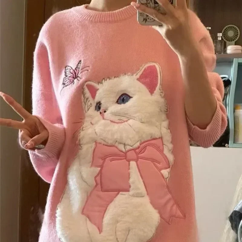 Neploe süße kawaii katze rosa pullover mujer 2024 herbst neue dicke warme pullover y2k e-girl mittellange loose tops frauen