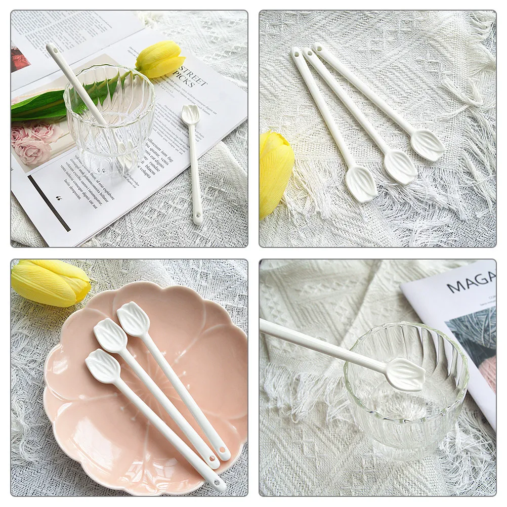 2Pcs Ceramic Coffee Spoon Tulip Shape Small Spoon for Home Restaurant Catering Dessert Tea Soup Stirring Food Serving Utensil