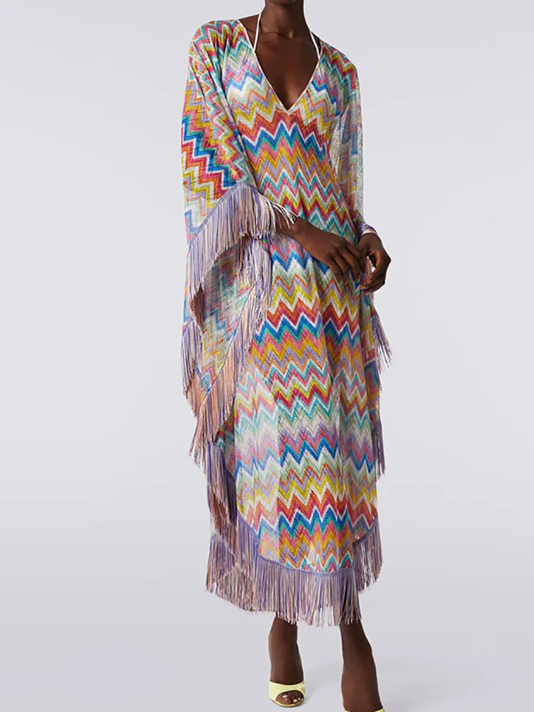 Festliches Damen-Maxikleid mit Quasten und Patchwork, Frühling/Sommer, lockere Fledermausärmel, elegantes Boho-Streetwear-Partykleid