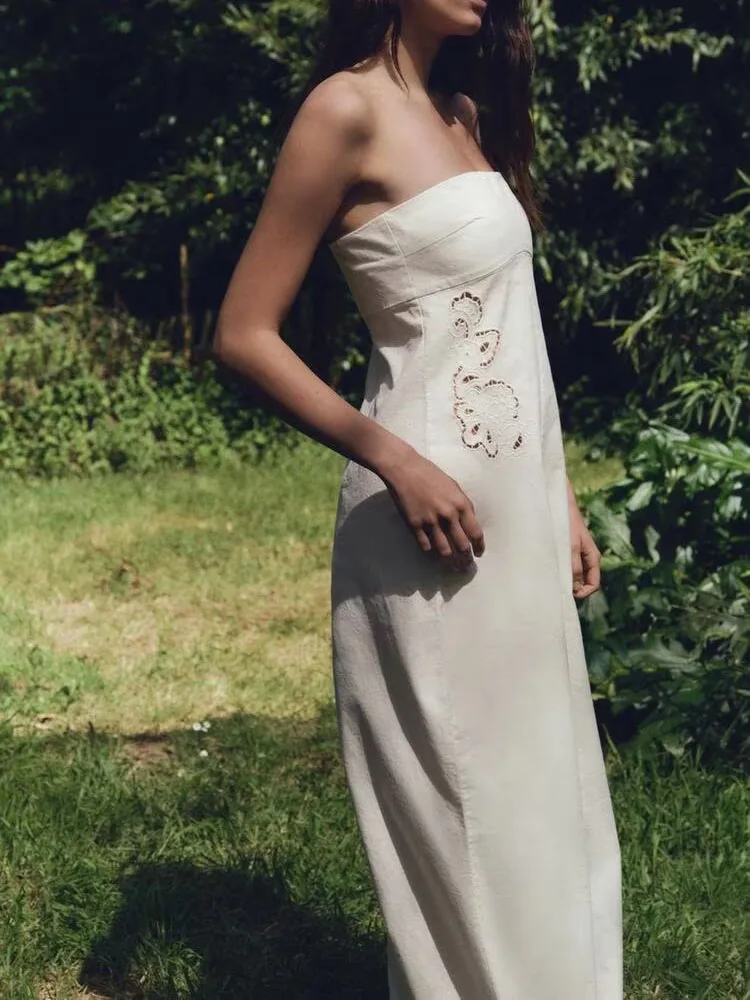 

Summer New Arrival Women's Long One-Piece Suit Waist-Cinching Slimming Straight Collar oulder-baring Embroidery 08836