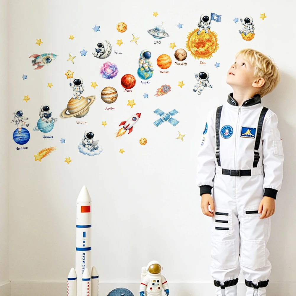 Outer Space Astronaut Planet Rocket Watercolor Wall Stickers Stars Satellite Decals Self‑Adhesive Kids Bedroom Nursery Decor