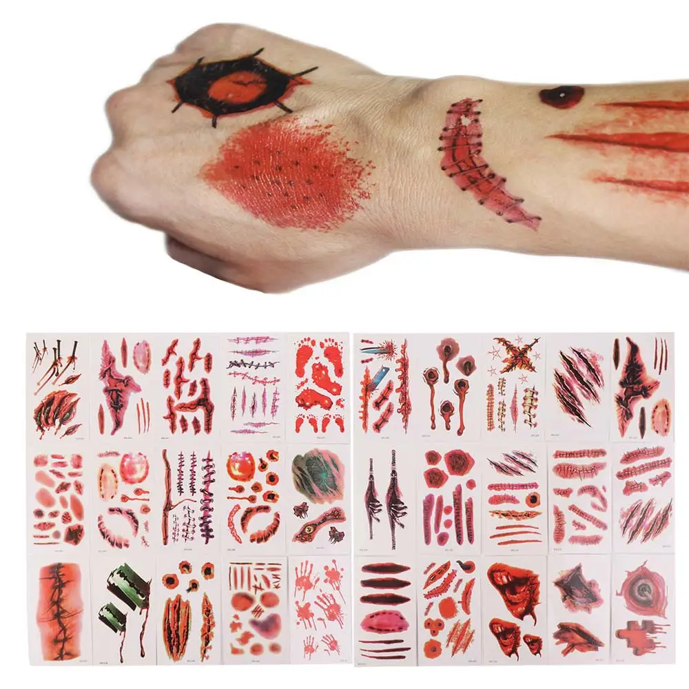 

30Sheets Big Mouth Halloween Tattoo Stickers Waterproof Disposable Scar Tattoo Cosplay Props Bloody Makeup Face Sticker
