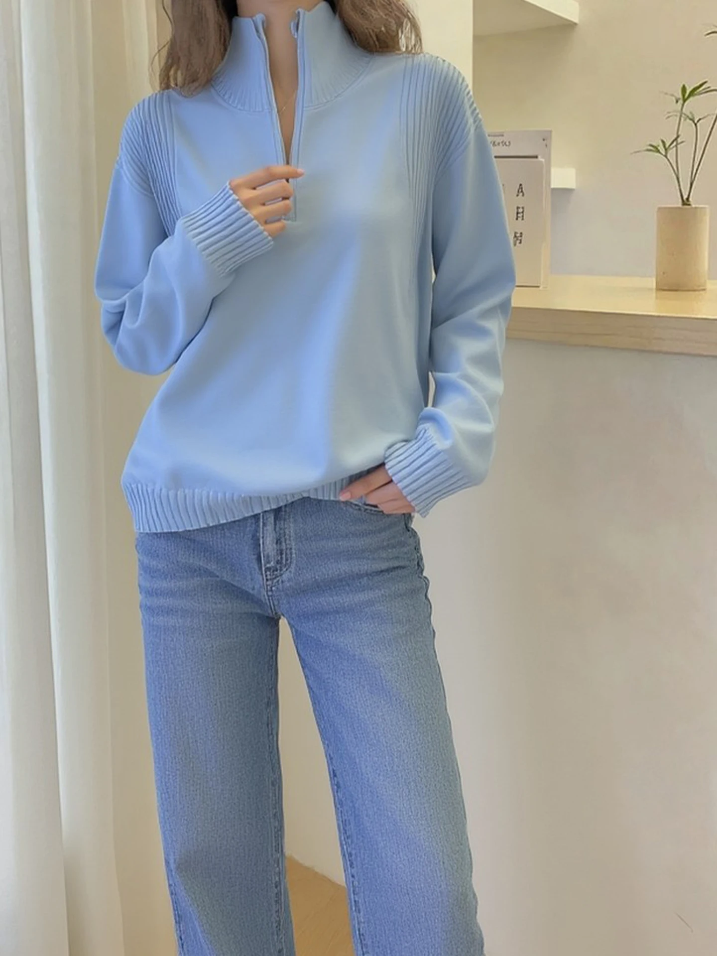 

Loose Fit Knitted Sweater Half Zip Long Sleeve Base Layer Shirt Fashionable Soft Korean Style Commute Wind Winter 2026 Top