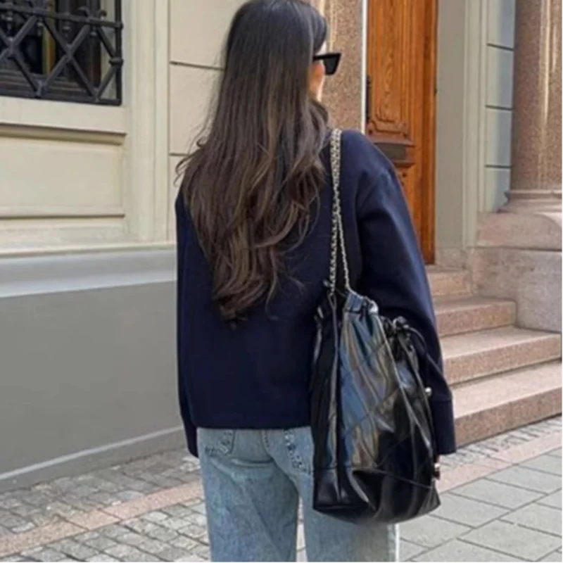 Dunkelblaue Wolljacke für Damen, 2025, Frühling, einreihig, Stehkragen, lockerer weiblicher Mantel, Bürodame, Straße, kurze Oberbekleidung, Tops – Detail 22