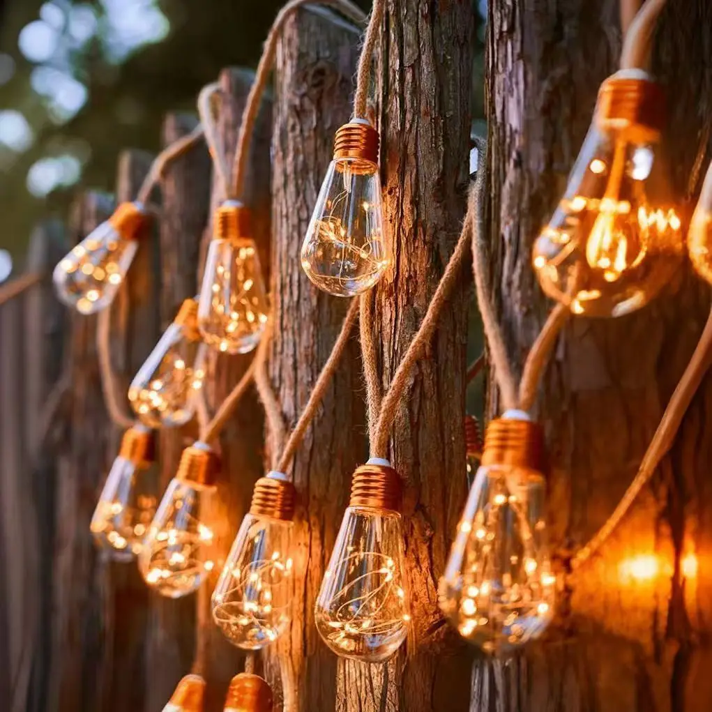 Solar Outdoor Fairy String Lights Hemp Rope 8 Modes Shatterproof Bulbs Waterproof Sun Lamp Patio Yard Party Wedding Garden Decor