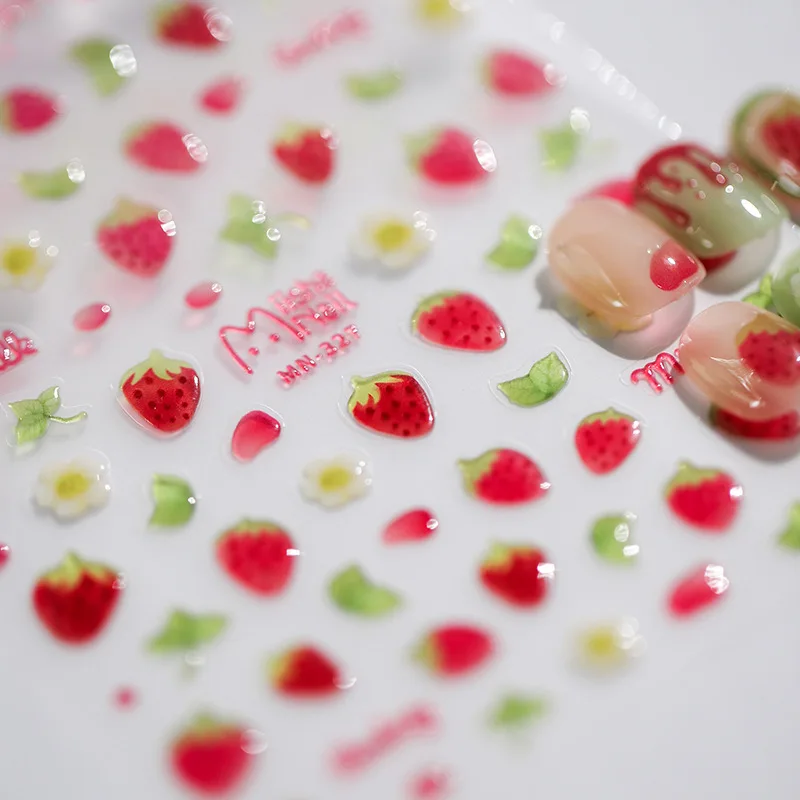 1pcs 5D Kawaii Jelly Strawberry Nail Art Stickers Cute Cartoon Fruit Nail Transfer Slider Decals DIY Nail Decoration Accessories