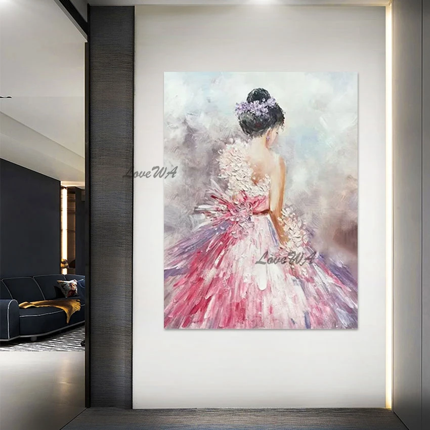 Ballet Dancer Oil Paintings Pink White Acrylic Knife Canvas Art Abstract Picture Modern Figure Drawing Artwork Wall Frameless