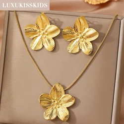 LUXUKISSKIDS 2PC Women's Fashion Trendy Stainless Steel Flower Earrings Necklace Set Gold-Plated Jewellry Party Dressing Gifts