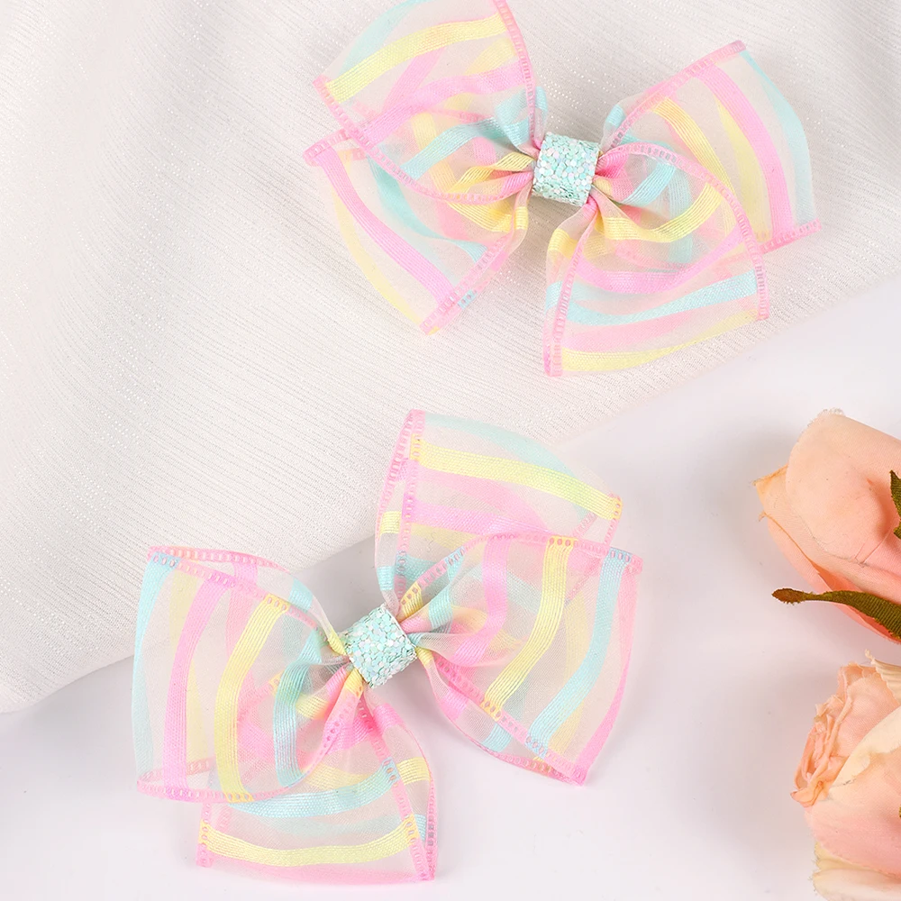 2pcs Mini Rainbow Colorful Mesh Bow Hair Clip Bow Hair Clips for Toddler Girls Hair Accessories Kids Hair Accessories Headwear