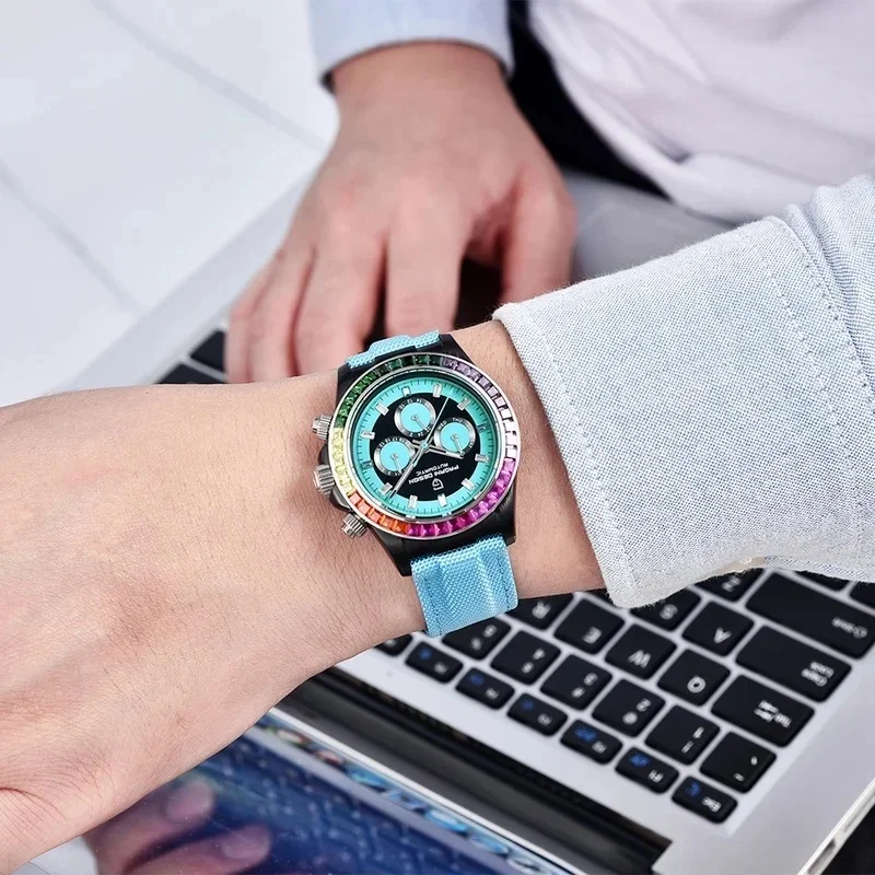 PAGANI DESIGN 1732 Mechanical Chronograph Watch for Men, Rainbow Bezel Sapphire Crystal Multifunction Timing Wrist Watch