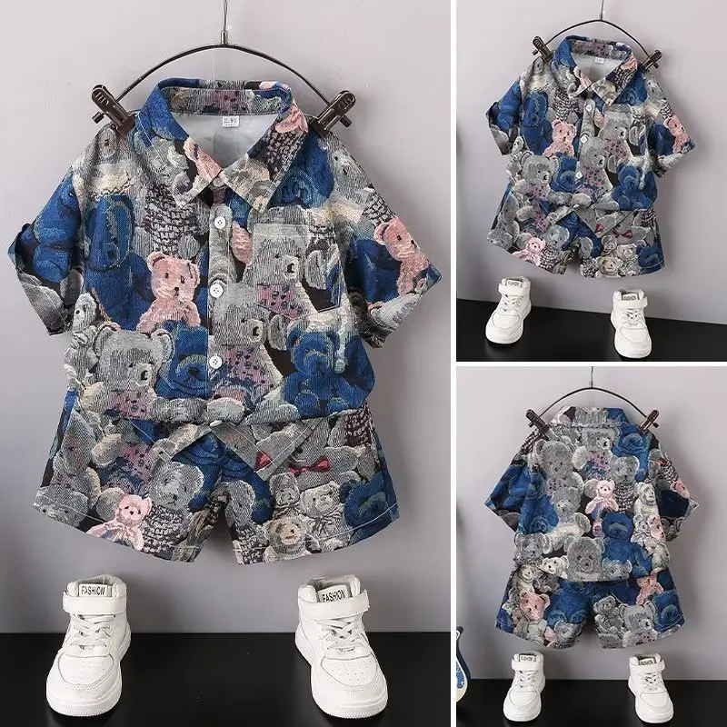 

Summer Teenage Boy Clothes Set Cartoon Bear Short Sleeve Lapel Shirts and Shorts Suit Children's Boys Top and Bottom Streetwear