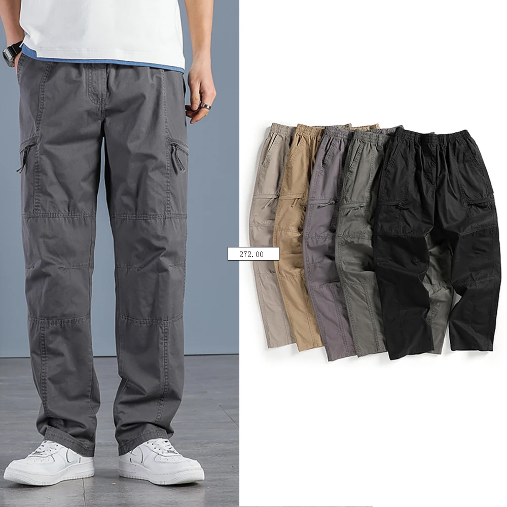 Men's Large Size Pure Cotton Leisure Business Sports Pants Outdoor Camping Multi-Functional Loose Straight Leg Thin Cargo Pants