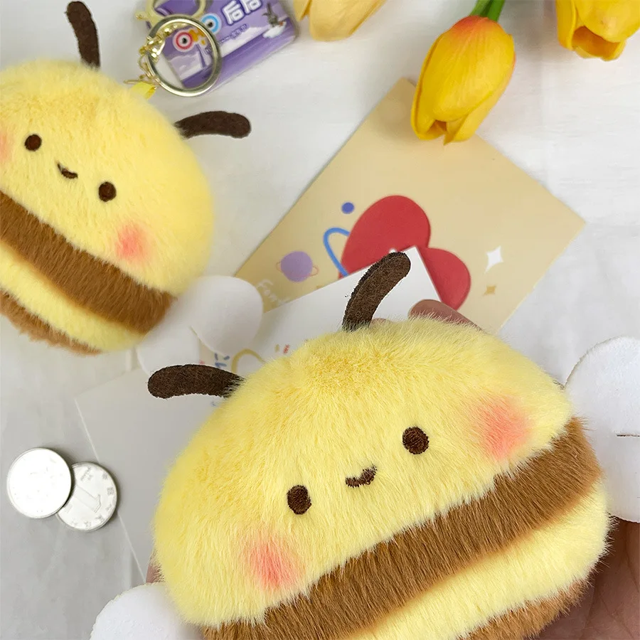 Cute Cartoon Bee Coin Purse Soft Plush Zipper Small Wallet For Girl Data Cables Earphones Bag Key Pouch Portable Storage Pendant