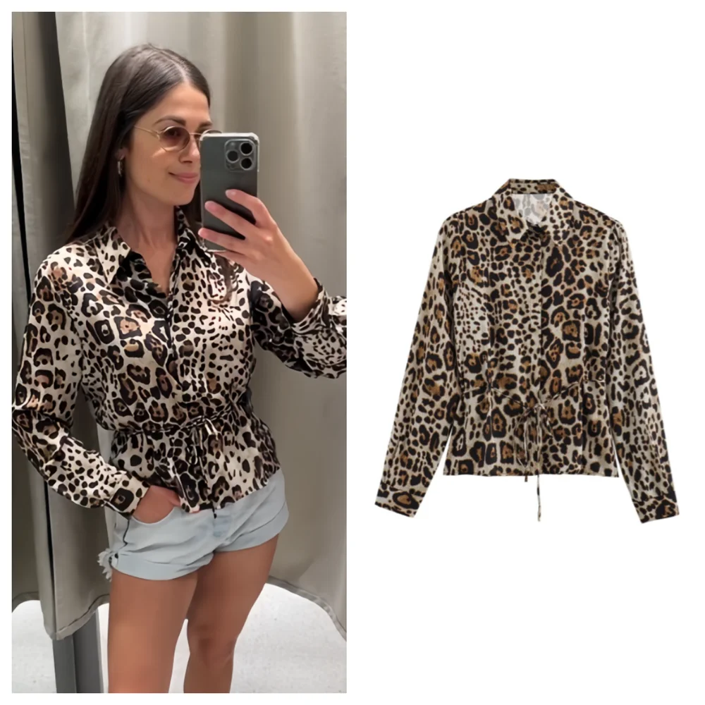 PB&ZA 2024 Spring New Women\'s Fashion and Elegance Casual Versatile Animal Pattern Print Lace up Decoration Slim fit Shirt