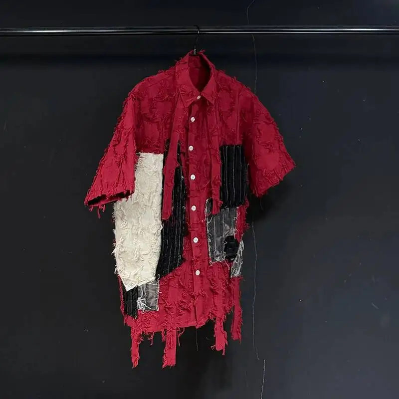 Niche Trend Short-sleeved Male Shirt Loose Silhouette Personality Patchwork Decoration Single-breasted Men Shirts D35R