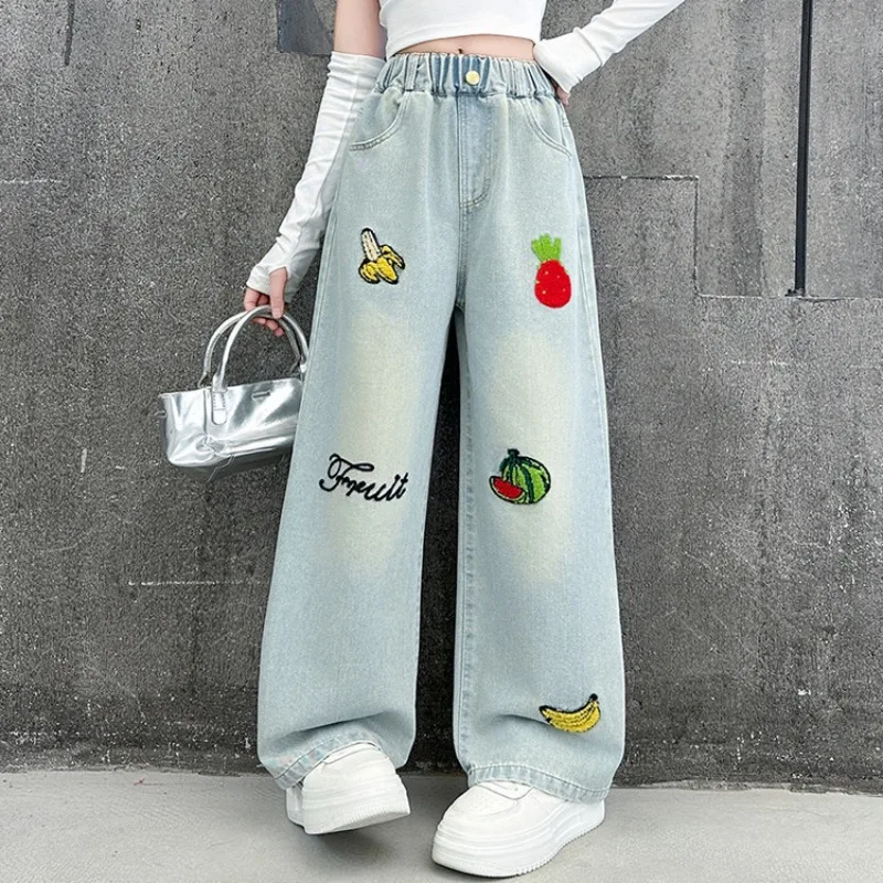 Girls Loose Wide-leg Jeans Soft Trousers Korean Fashion Cartoon Fruit Patch Straight Denim Pants Spring Clothing 5-12 Years