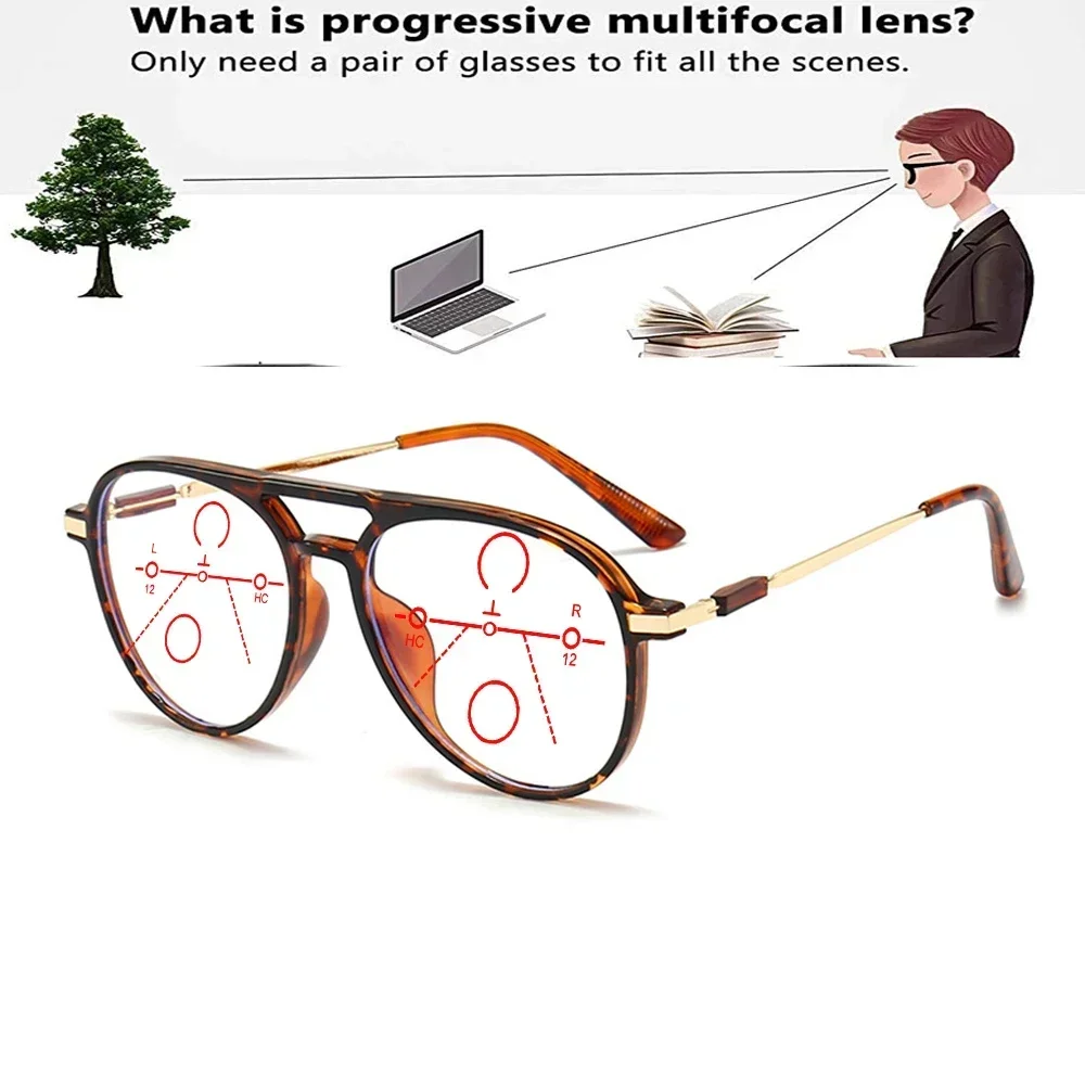 Clara Vida Fashion Oversized Pilot Frame Double Bridge Comfortable Progressive Multifocal Reading Glasses +0.75 To +4