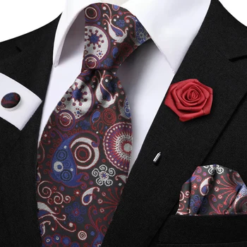 Nuevo diseño, conjunto de corbata con patrón de flor de anacardo para hombre, gemelos cuadrados de bolsillo verde, broche de flor, ropa informal diaria, accesorios para traje y vestido