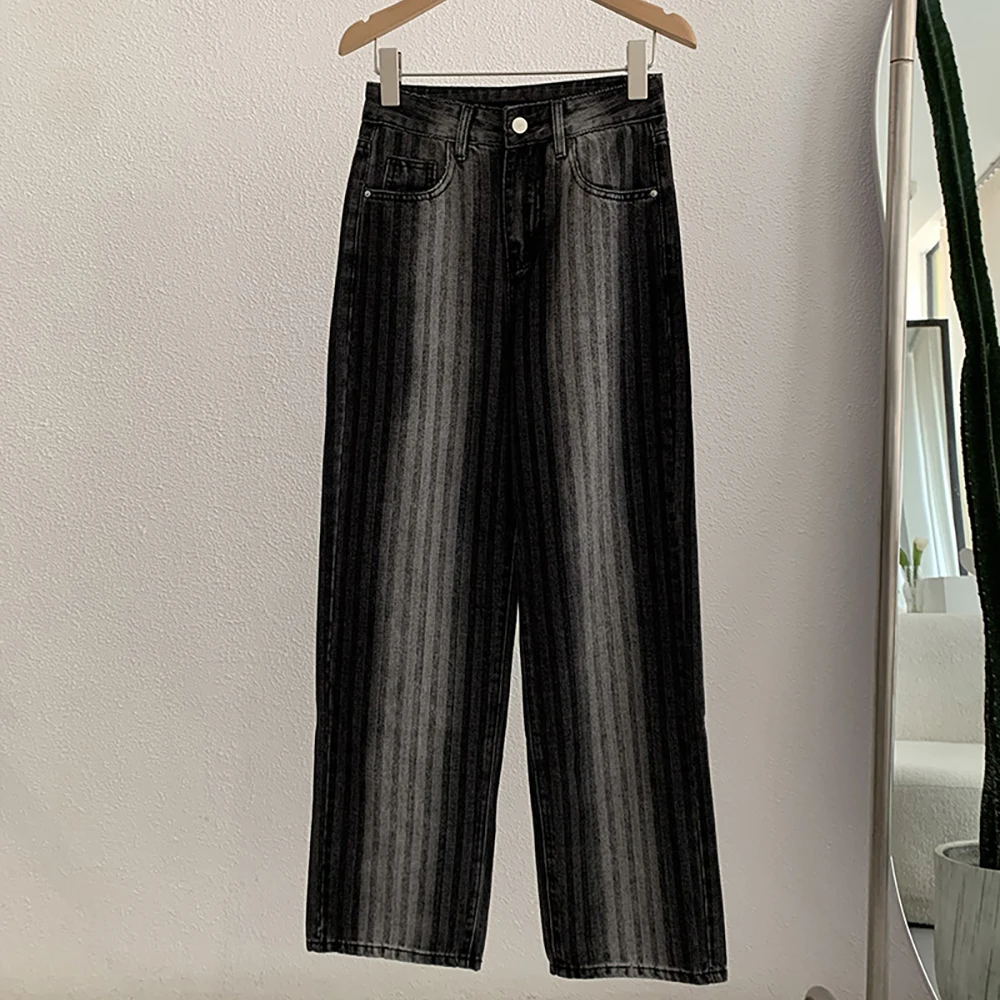 

Retro Vertical Striped Denim Pants Women Spring Autumn High Waist Washed Black Grey Jeans Casual Loose Stright-Leg Jeans