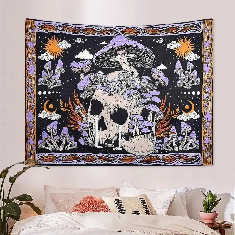 VIKAMA Purple Mushroom Skull Tapestry Sun Moon Star Celestial Print Wall Hanging Polyester Cloth Bedroom Gothic Witchy Decor