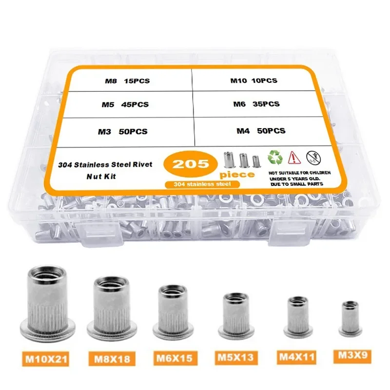 205 pz 304 Inserto In Acciaio Inox Rivetto Dado Testa Piatta Filettato Rivnut Nutsert M3 M4 M5 M6 M8 M10 per la Riparazione di Mobili Automotive