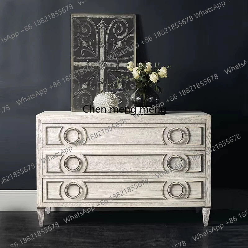 

Modern, light luxury oak antique white made old three-bucket side cabinet