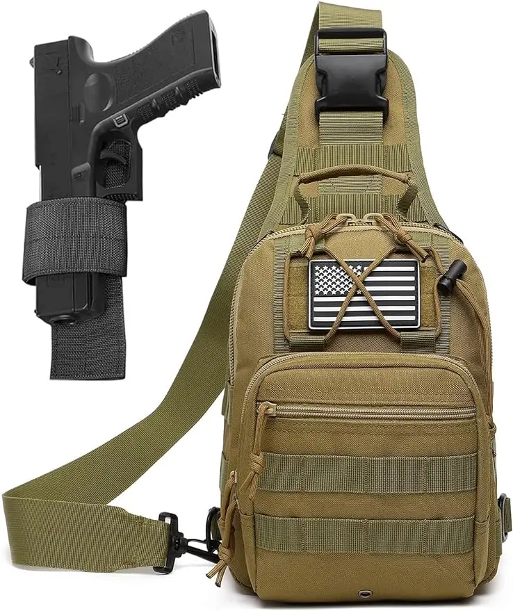 Small Tactical Sling Bag For Men With Holster US Flag Patch Military EDC Shoulder Bag CCW Crossbody Bag 7L Waterproof Backpack