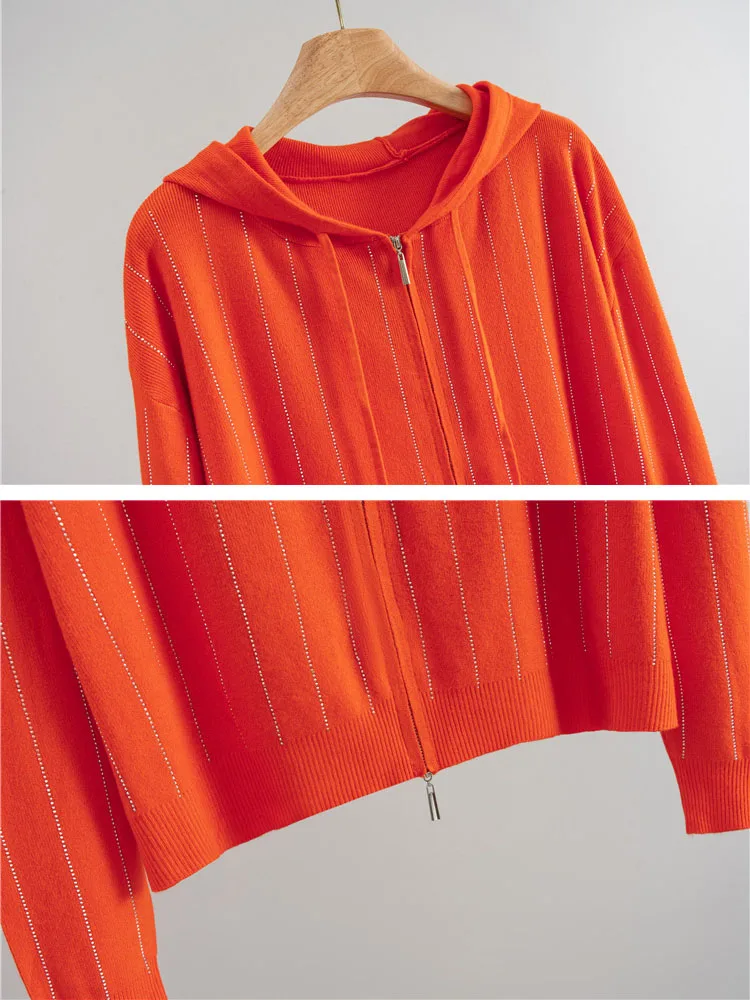 Ensemble 2 pièces tricoté pour femmes, Design strass, coréen, capuche, fermeture éclair, Cardigan ample, hauts, taille haute, pantalon à jambes larges, tenue