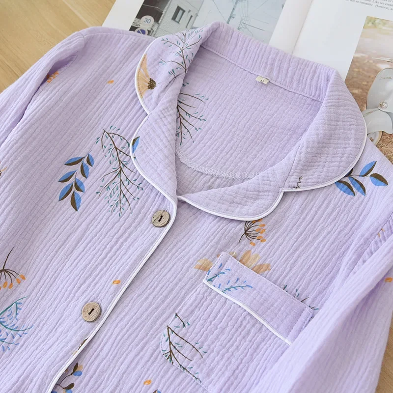 2024 nuevos pijamas de primavera y otoño para mujer, 100% de algodón de manga larga, ropa para el hogar, conjunto de pijamas simples de lavanda