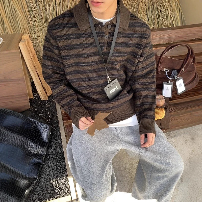 Brown Striped Sweater for Men in Autumn and Winter Lazy High-end Sweater with Inner Jacket Boutique Clothing Simple Style