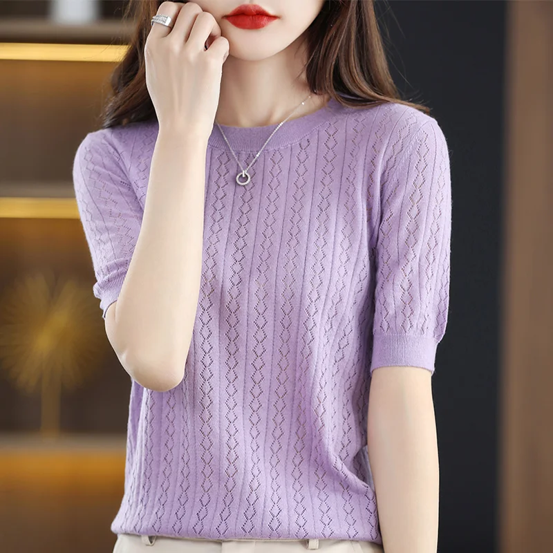 

Women's T-shirt Summer New 100% Cotton Pullover Short Sleeve Casual Solid Color Hollow Knitted Top Loose Round Neck Women's T-Sh