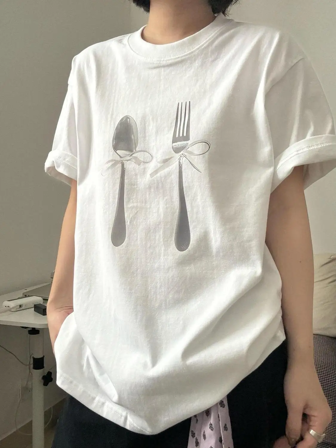 Cotton Crew Neck Fork Printed Short Sleeve T-Shirt Women's Summer Personality Loose Casual Top