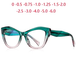 Anti Blue Rays Cat Eye Myopia Prescription Glasses With Lenses TR90 Green Pink Frame Miopia Gafas Mujer 0 -0.5 -0.75 To -6.0