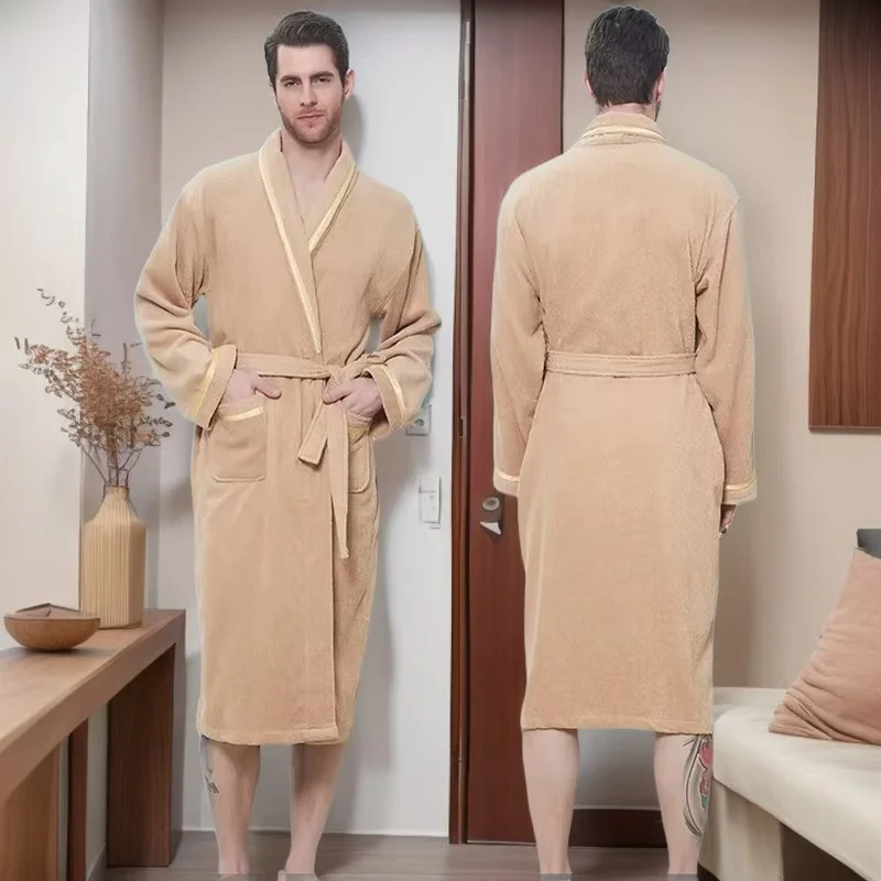 Winter Men Bathrobe 100% Cotton Thick Towel Fleece Robe Sleepwear Plus Size XL Kimono Stitching Bathrobes Male Warm Lounge