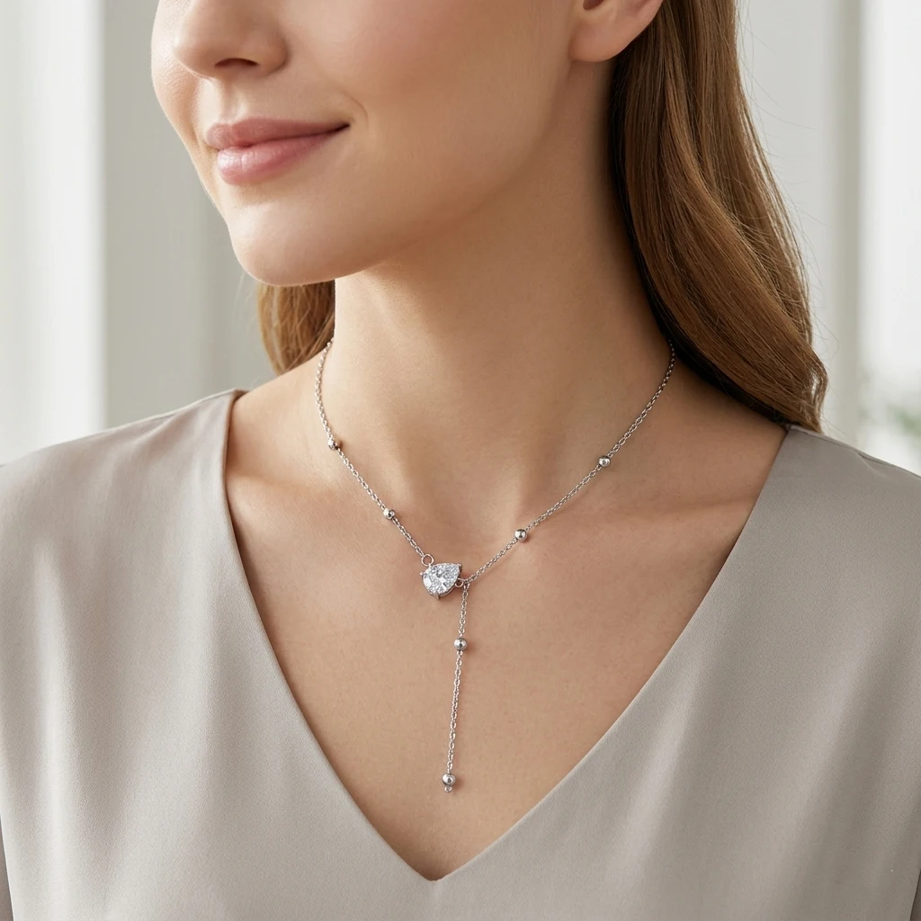 Sparkling Teardrop CZ Pendant Necklace Silver Plated Y-drop Lariat Chain Women Daily Commute Party Jewelry Gift
