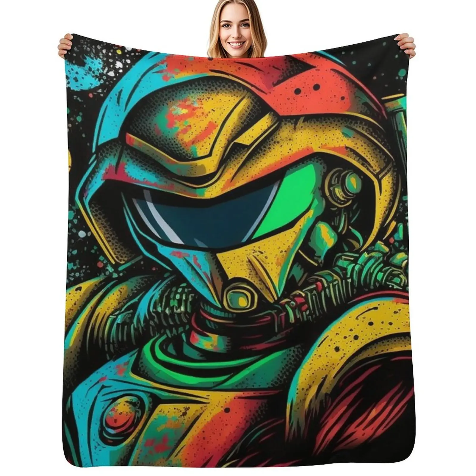 Manta Decorativa con Diseño Estilizado de Graffiti de Samus Aran de Metroid, Tela de Franela a Cuadros, Mantas Vintage Retro Polar