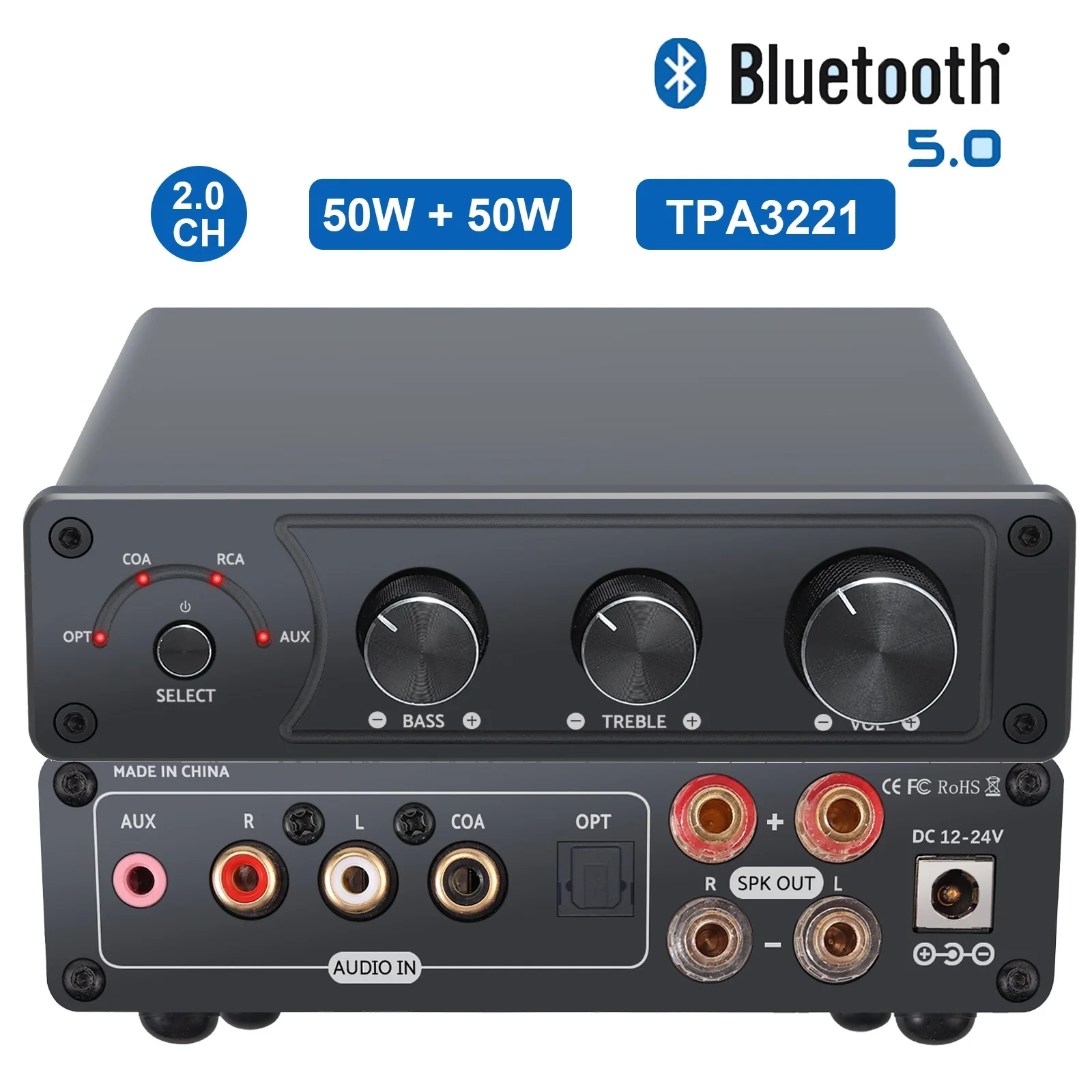 New! 192kHz HiFi Audio Sound Power Amplifier Bluetooth 5.0 TPA3221 DAC Chip 50W+50W 2.0 CH Bass Treble Control Passive Speaker