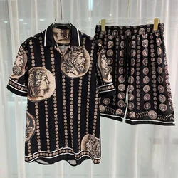 Royal-Camisa e Shorts de Luxo Masculinos, Padrão Vintage, Estampado com Personagem, Roupas Casuais, Camisas de Manga Curta, Conjunto de 2 Peças