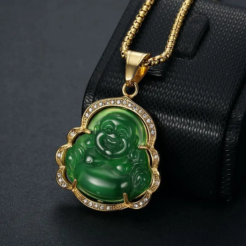 Shining Natural Stone Maitreya Buddha Pendant Buddha Statue Necklace Women's Buddhist Lucky Amulet Wealth Jewelry Gift