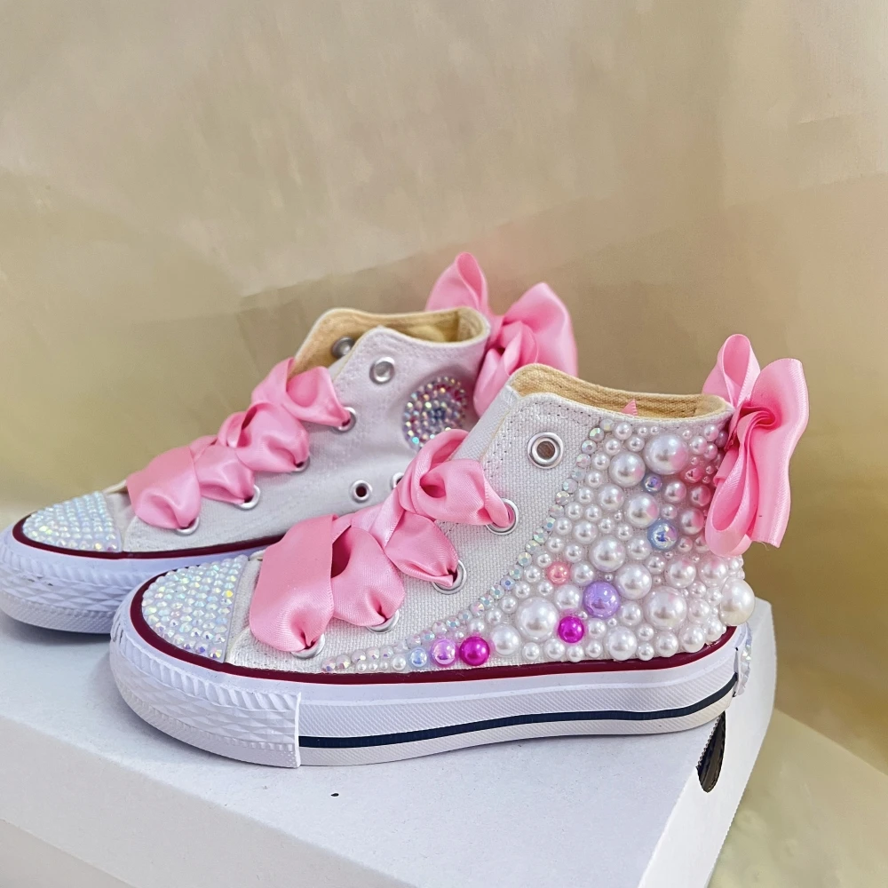 Mesh Flowers Kids Canvas Shoes Handmade Pearls Unicorn Bling Shoes Baby Butterfly Theme Party Toddler Sneakers